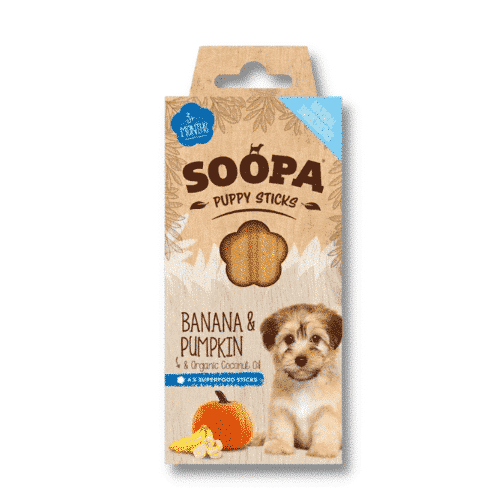 Image showcasing Soopa Banana and Pumpkin Dental Sticks for Puppies – Chomp & Chew