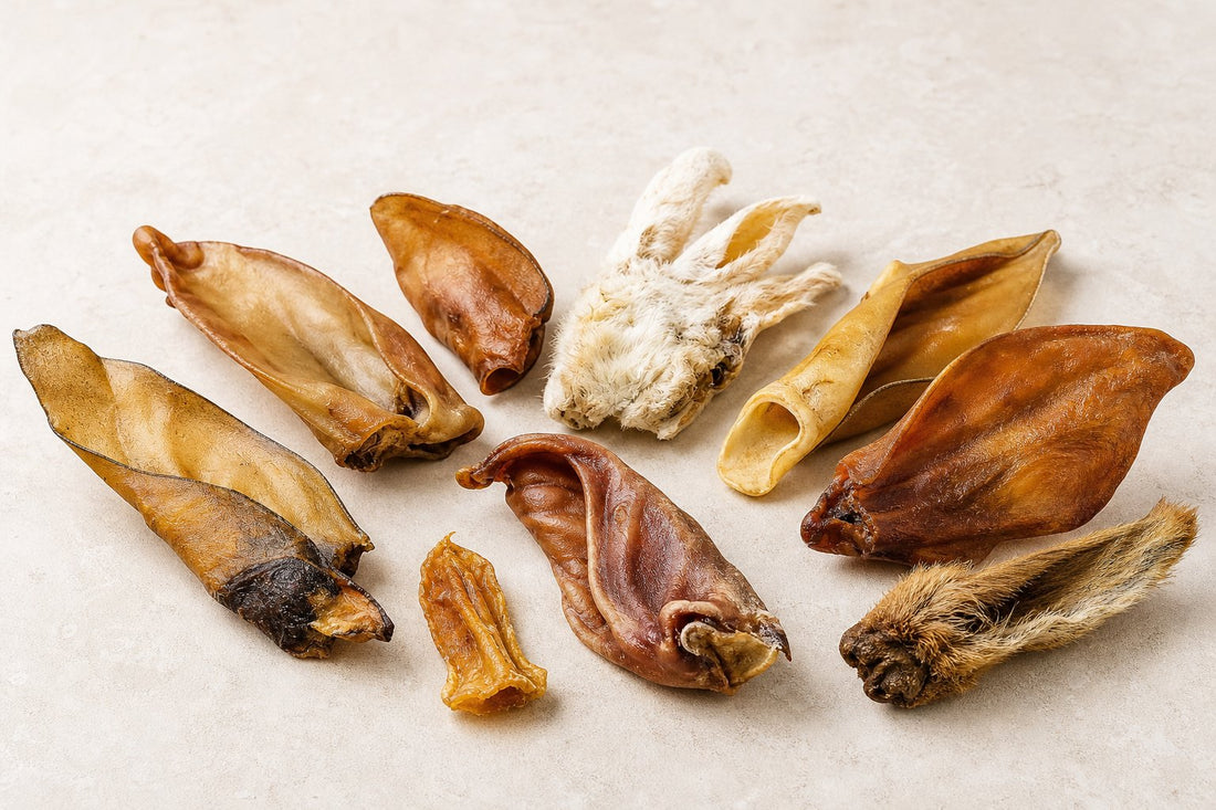 Assorted dried animal ear-shaped chews and small treats in brown, tan, and white arranged on a light background.