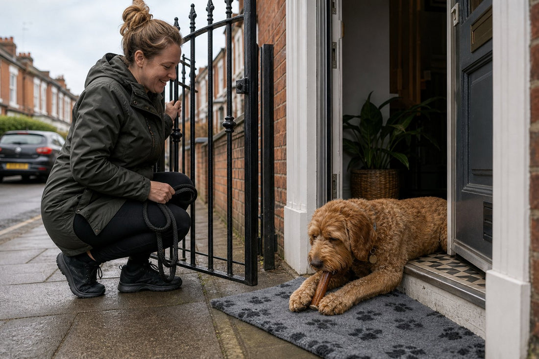 A smiling woman crouches by a black front gate on a wet sidewalk while a brown dog lies in the doorway chewing a stick on a gray mat.