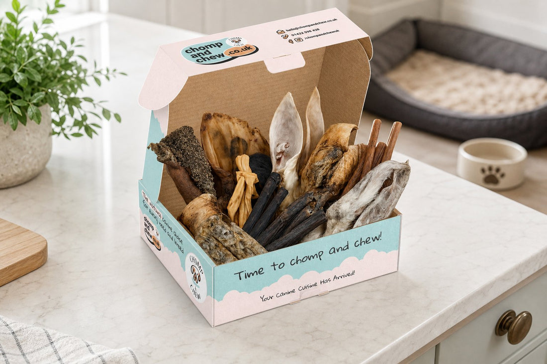 An open pastel cardboard box on a kitchen counter holds assorted dog chews and sticks, with a pet bowl, dog bed, and potted plant blurred in the background.