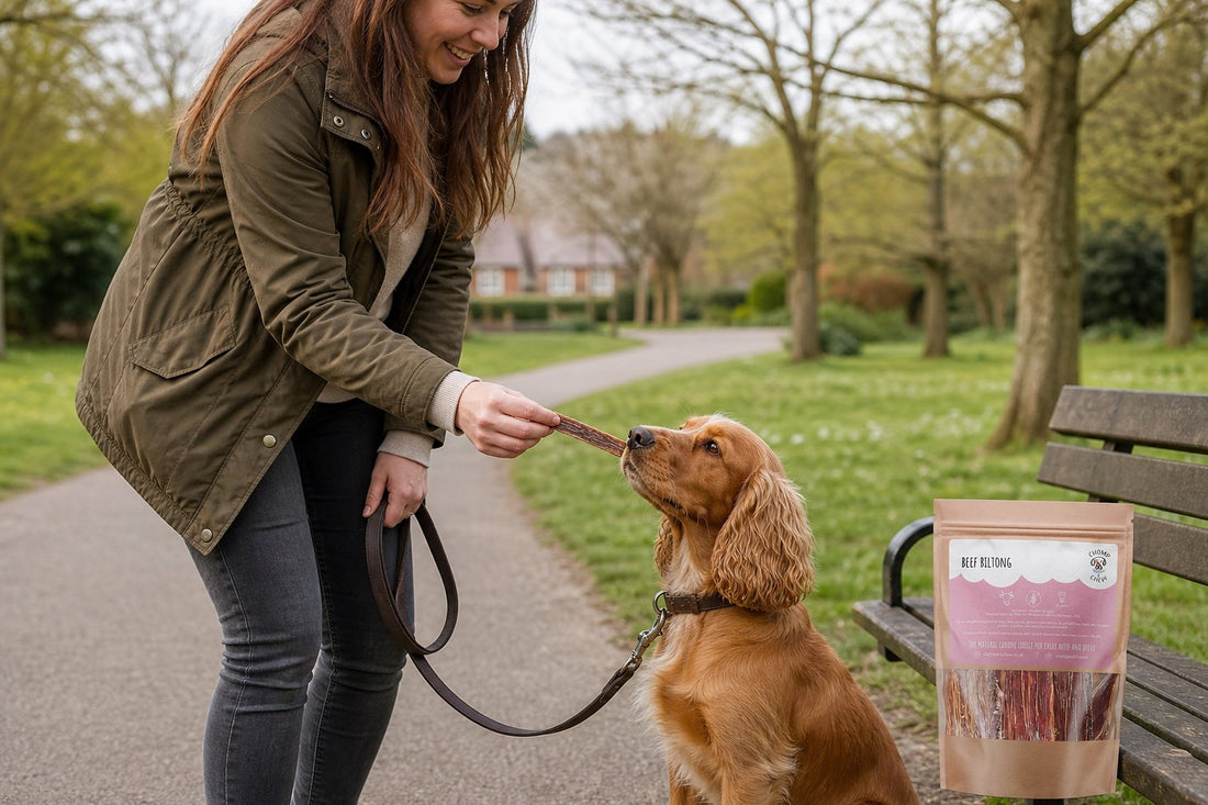 Woman in a park feeds a brown spaniel a treat while holding its leash, with a bench and a package of dog treats beside her.